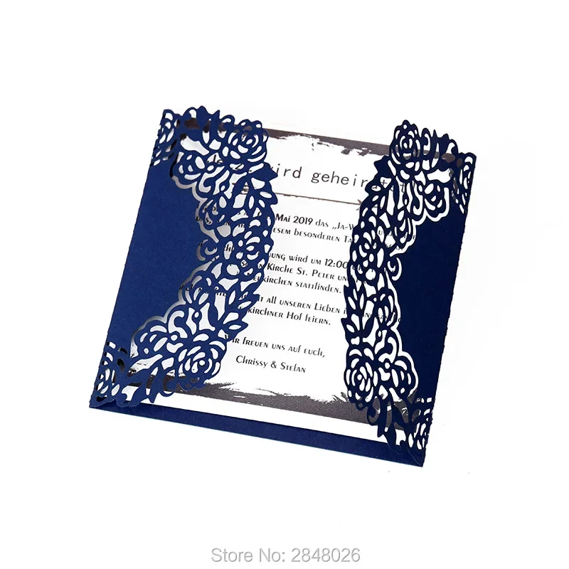 

50 шт. ворот в складе, темно-синяя свадьба, свадебное приглашение с лазерной резкой, свадебные приглашения по индивидуальному заказу, персонализированные кружевные флористические открытки