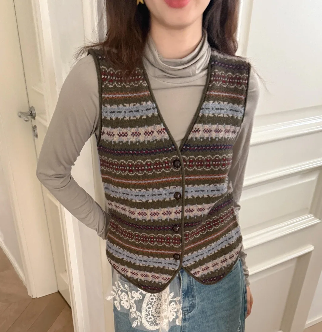 

MOSA Fair Isle Pattern Knitted Vest Top Patchwork Stripes Vintage Artistic New Sle 26 Commute Sle Wool Cotton Blend