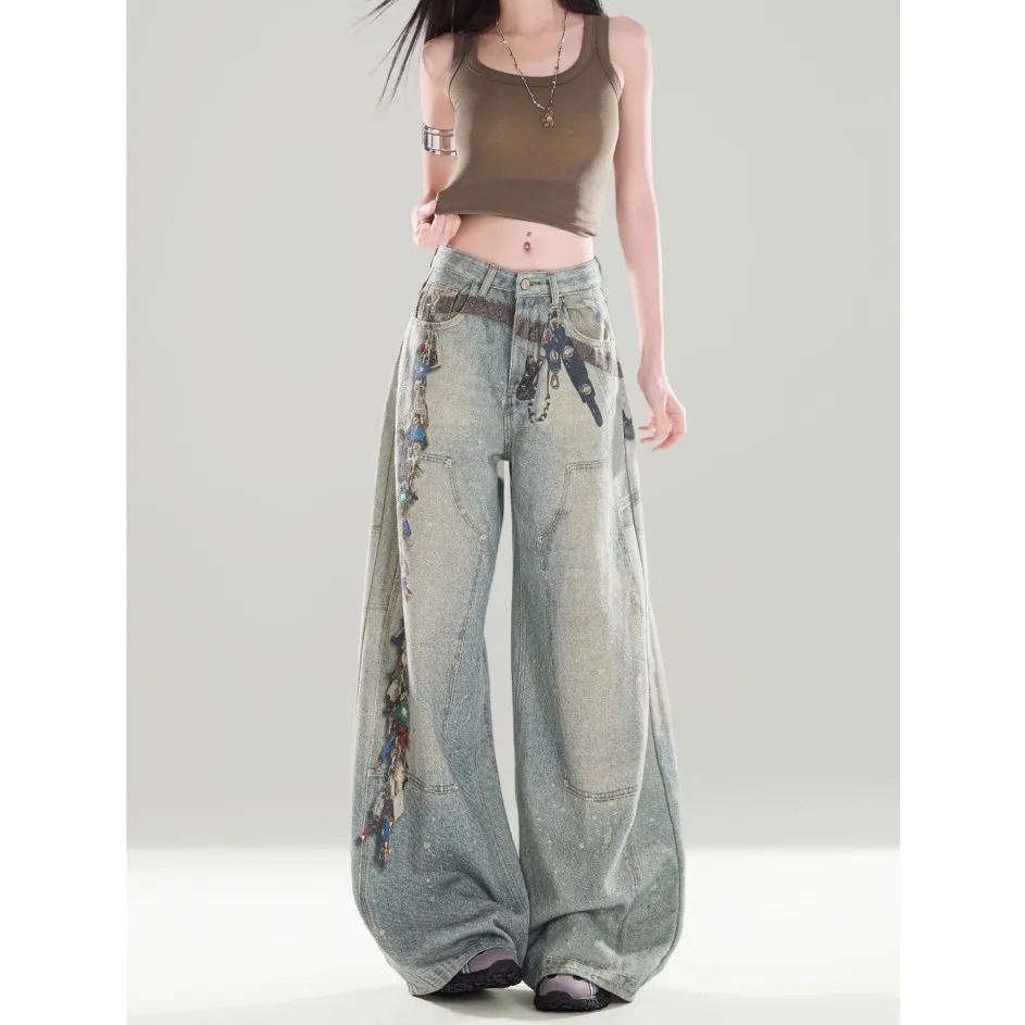 

Women's Retro Blue Printed Jeans Y2k American High Street Harajuku Summer New High-Waist Loose Straight Wide-Leg Floor Jeans