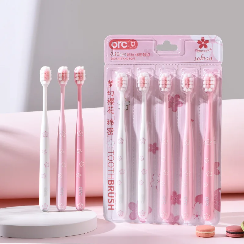 3/5 pc rosa sakura escova de dentes para adultos buraco quadrado pele macia menina estudante pequena cabeça escova de dentes limpeza eficiente