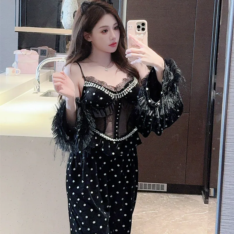 Black Autumn Plus Size 3PCS Sexy Lace Lingerie Spaghetti Strap Velour Pajama Sets For Women Cute Sleepwear Homewear Home Clothes