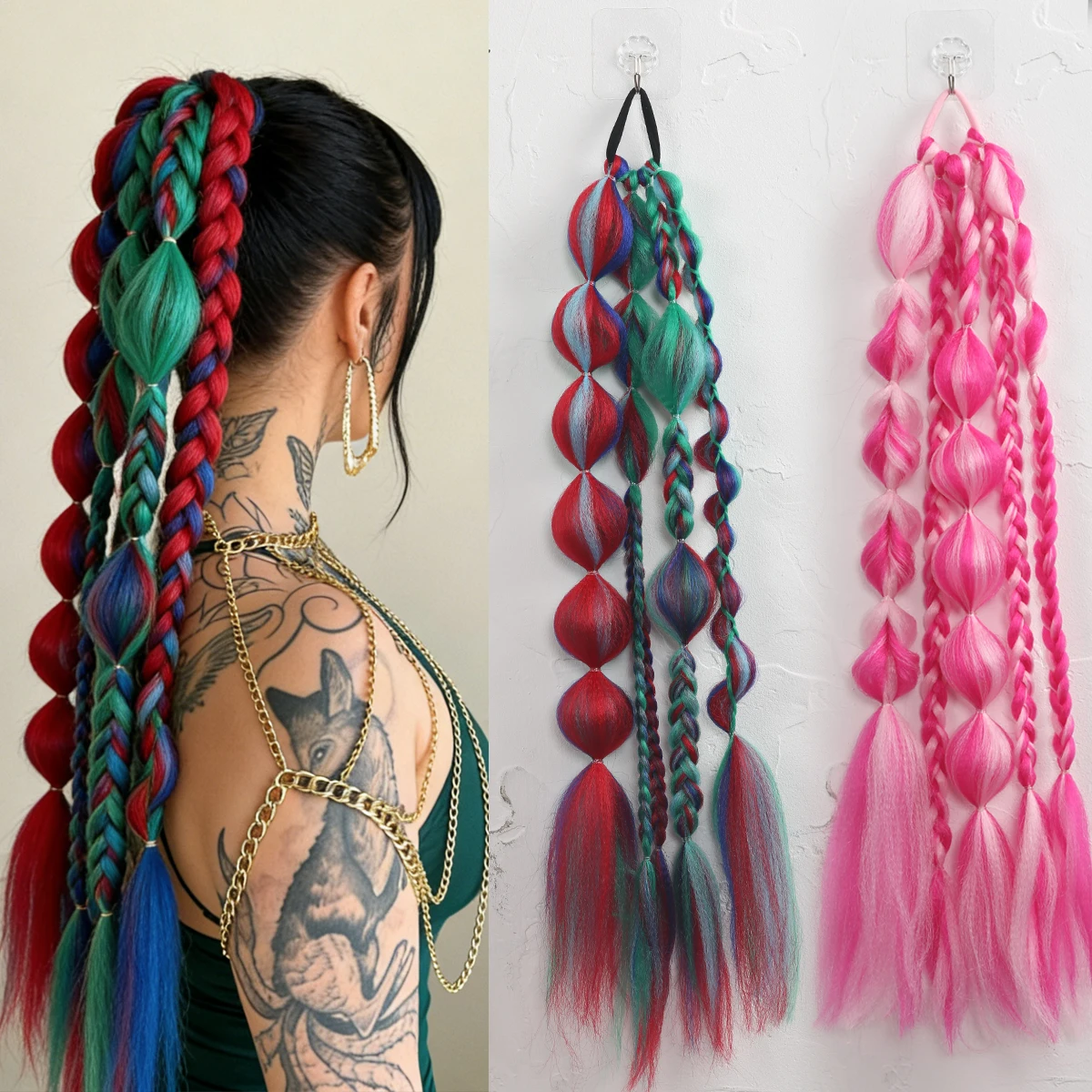 24 Inch Handmade Ombre Bubble Twist Jumbo Braiding Hair Ponytail Extension - Colorful Synthetic Festival Rave Wig