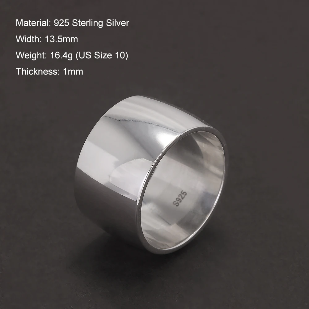 925 Sterling Silver Plain Wedding Band Men Women Wide 13.5mm Chunky Ring High Polishing Comfort Fit Simple Engagement Jewelry