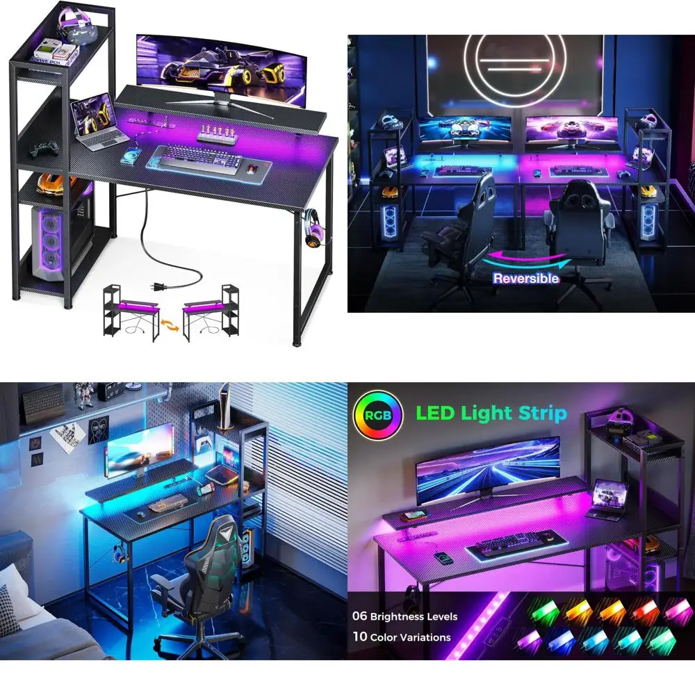 

40 Inch Reversible Gaming Desk with USB Charging, LED Lights, Storage Shelves, and Monitor Stand