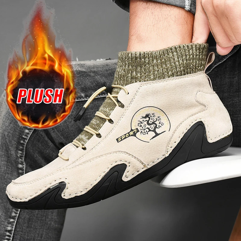 2023 New In Men Winter Ankle Boots Fashion Leather Boots Pulsh Snow Casual Warm Shoes High Top Sneakers Men Outdoor Light Loafer