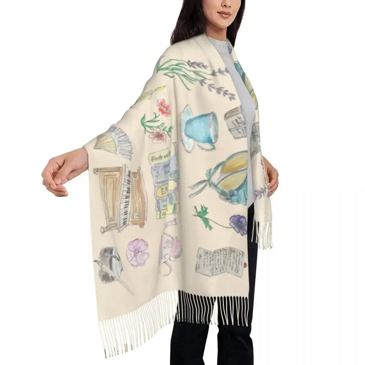 Jane Austen Illustrations Scarf Women Luxury Winter Fall Wrap Shawl Tassel Wraps