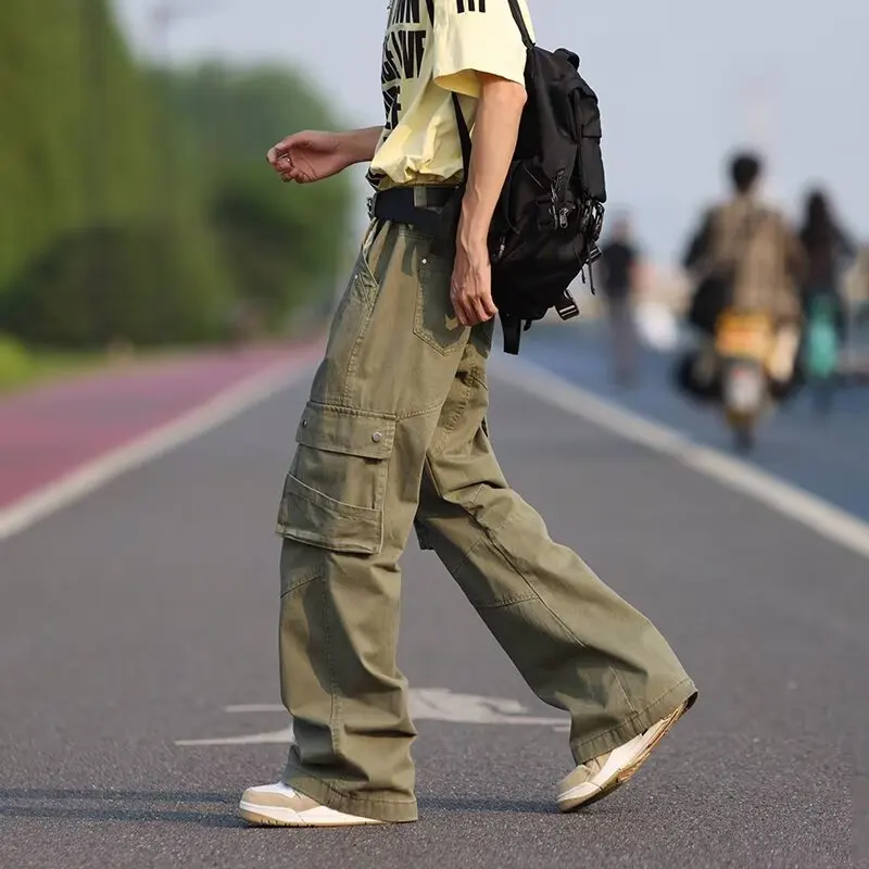 Pantalones Cargo acampanados con bolsillo Mul, diseño de deconstrucción Retro de estilo americano, pantalones largos desgastados lavados de pierna recta Unisex