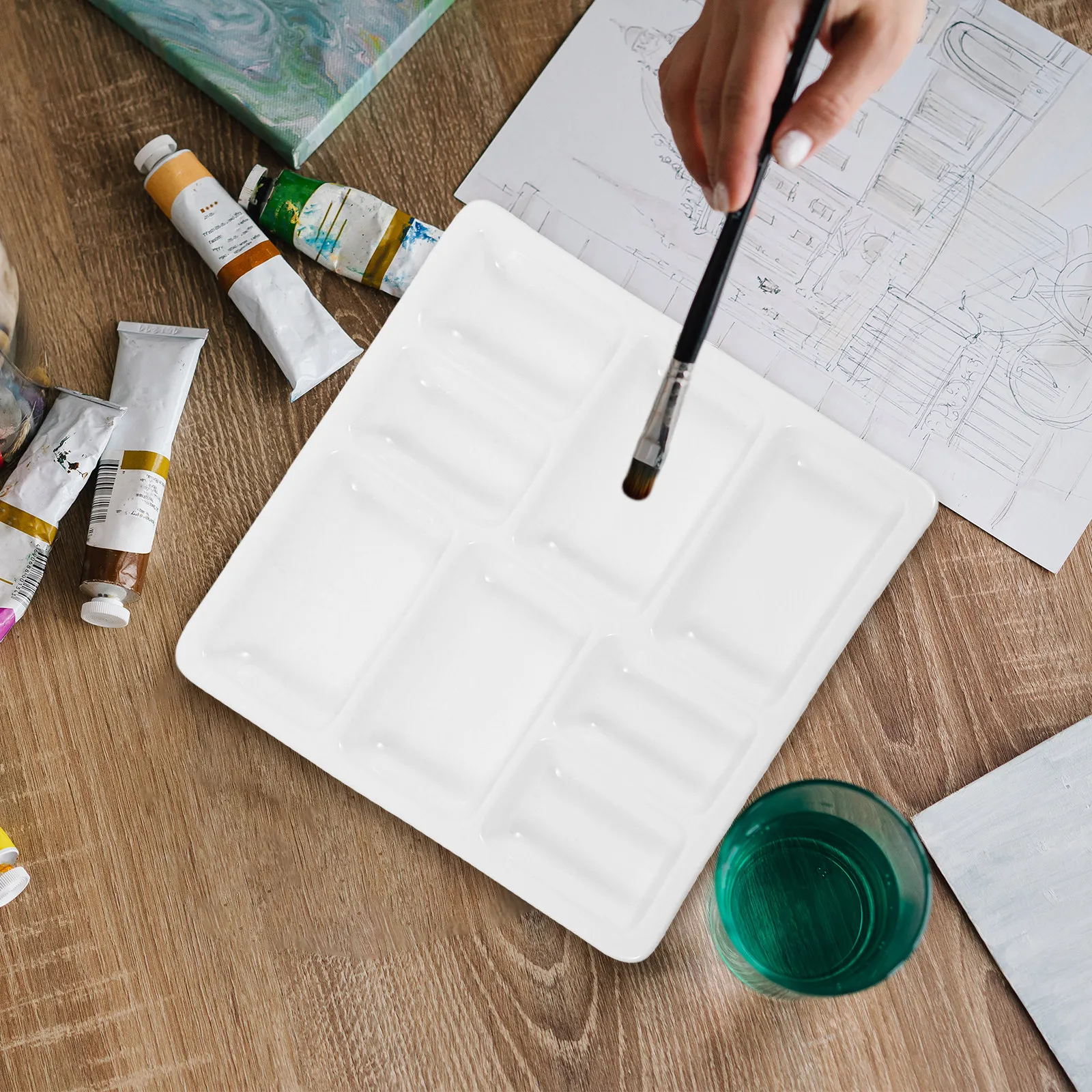 Palette de mélange pour artistes en céramique, 8 compartiments pour pigments, design compact et portable, cadeau idéal