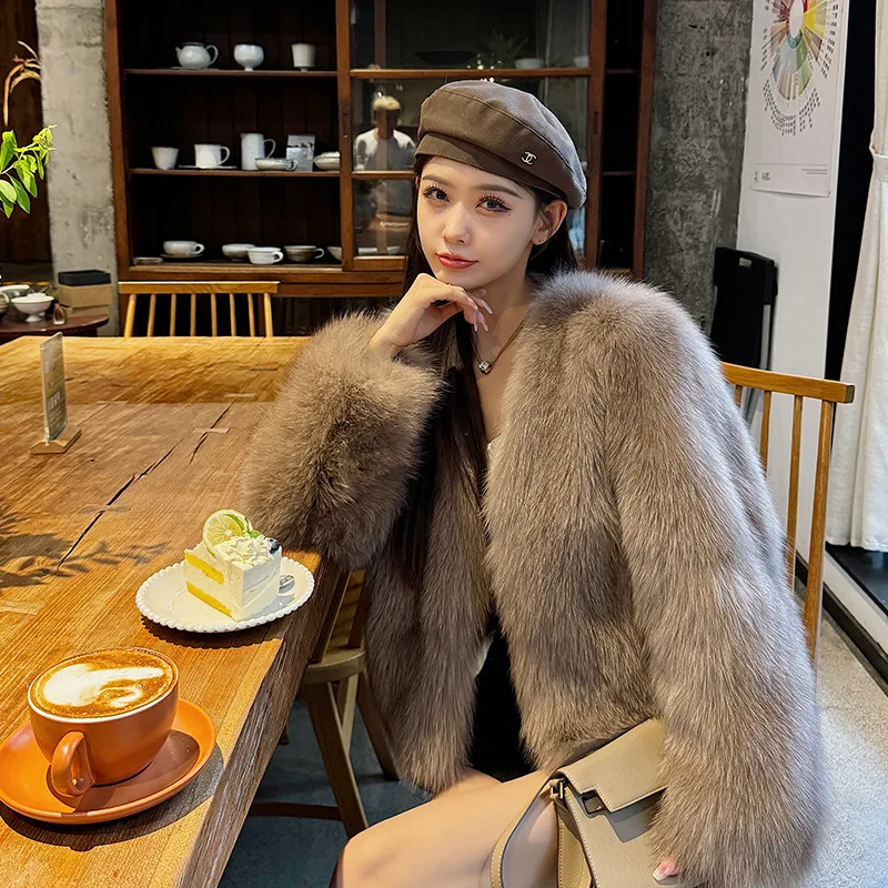 Women Faux Fur Coat Short Jacket Overcoat V Neck Long Sleeve Open Stitch Loose Outwear Thick Office Casual 2025 Autumn Winter