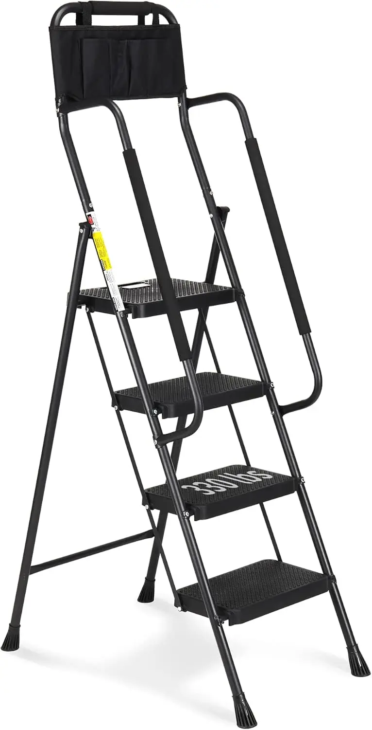 Ladder with Handrails, 330 lbs Folding Step Stool with Attachable Tool Bag & Anti-Slip Wide Pedal for Home Kitchen Pantry Office