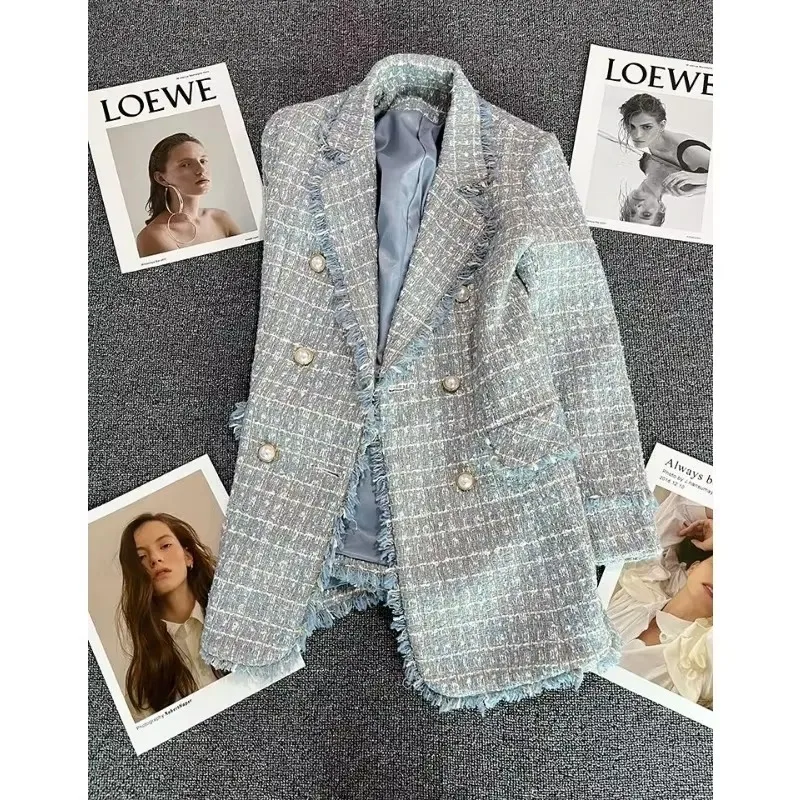 Lake Blue Fashion Suit Jacket 2024 New Spring Women Double-breasted Design Outcoat Female Large Size Casual Versatile Outerwear