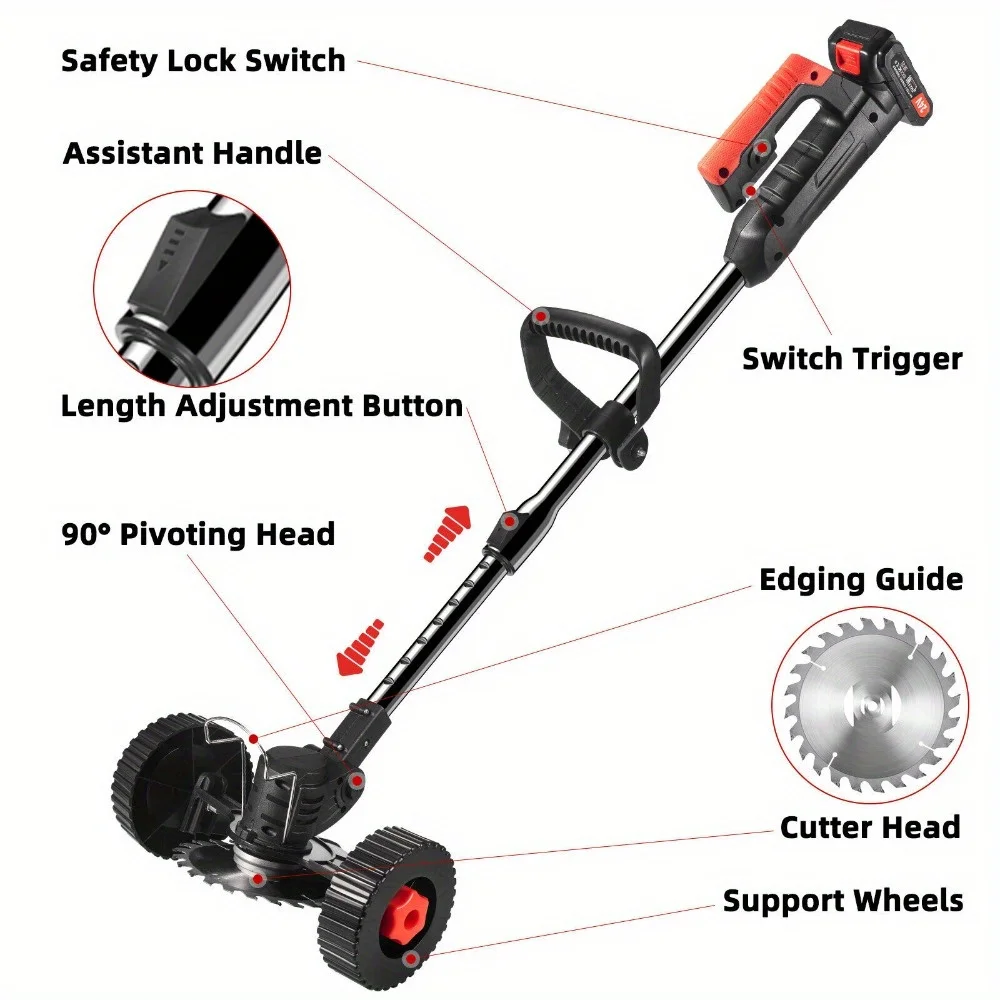 Electric Weed Wacker Eater Battery Powered 1500mAh Cordless Grass Trimmer Battery Operated Stringless Brush Cutter,