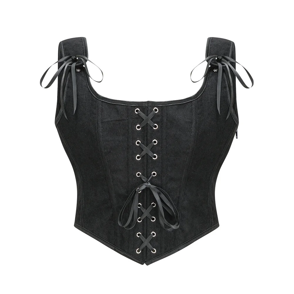 Vintage Gothic Women Overbust Corset Vest Sexy Front Back Lace-up Side Zipper Shaper Crop Top Steampunk Shoulder Strap Bustier