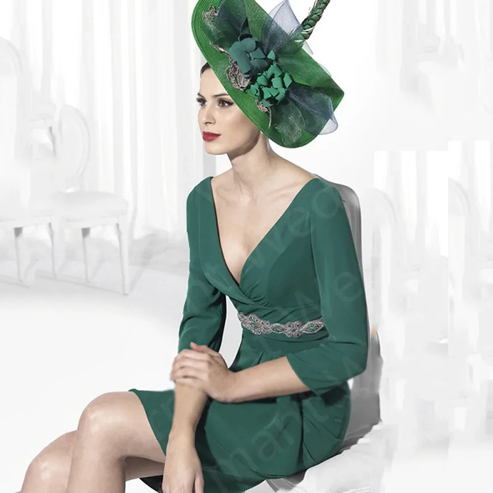 Classic New Dark Green Mother of the Bride Dresses Knee Length   3/4 Sleeves V Neckline Wedding Party Gowns 2023