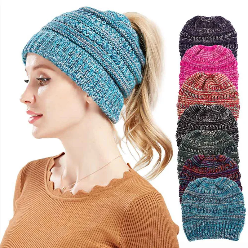 Women Messy Bun Ponytail Beanie Multicolor Marled Knit Hat Warm Stretch Outdoor Ladies Knit Cap