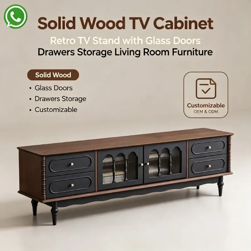 French Vintage Solid Wood TV Stand, Storage Side Cabinet With Glass Doors Multi‑Drawers for Living Room Home Furniture