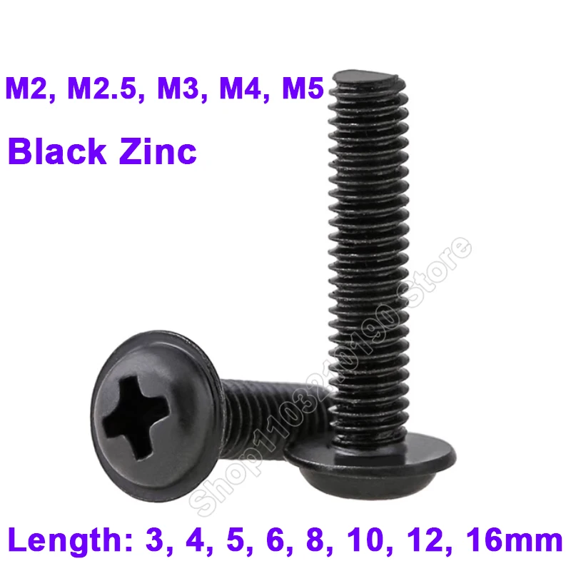 

M2 M2.5 M3 M4 M5 Mini Small Black Carbon Steel Cross Phillips Pan Round Head With Washer Collar Pad Screw Bolts Length 3-16mm