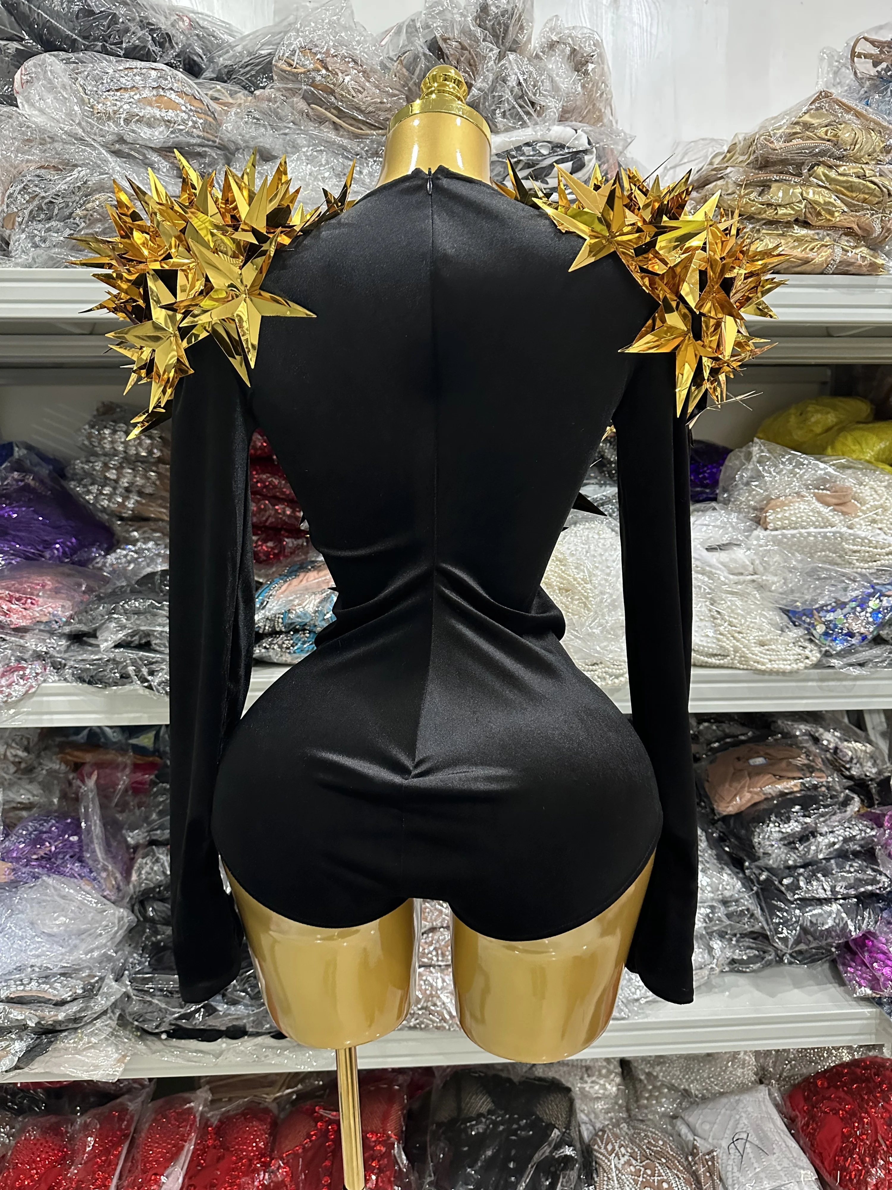 Preto branco feminino manga longa sexy dourado brilhante estrelas bodycon bodysuit veludo celebrar boate festa bar dançarino palco wear
