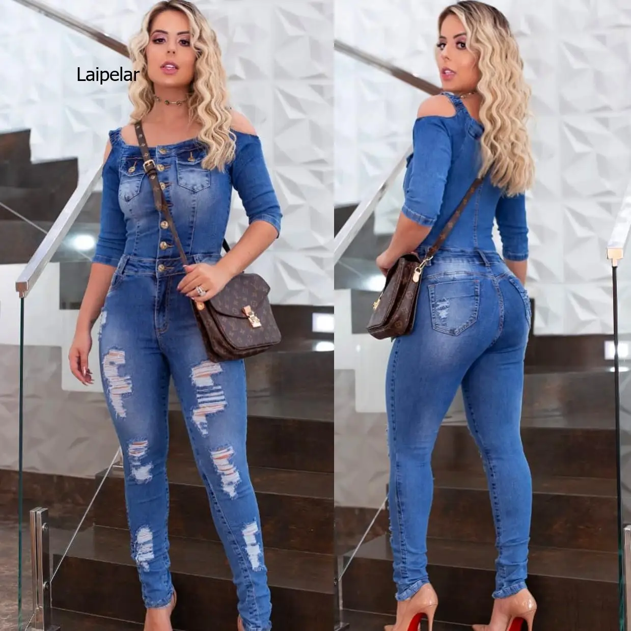 

Denim slim slimming suspender jumpsuit with white spray and ripped holes one-piece jeans blue jeans,women pants high rise jean