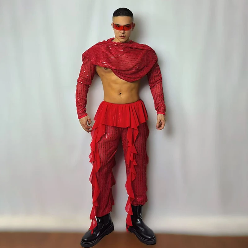 Męska odzież sportowa, stroje dla tancerzy gogo, egzotyczny czerwony kostium sceniczny, strój na imprezę w klubie nocnym, barze, na festiwal, VDL4399