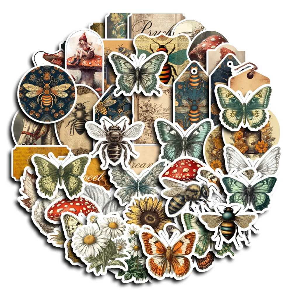 10/30/50PCS Forest Plant Butterfly Bee Decoration Stickers Aesthetic Vintage Decals DIY Laptop Phone Stationery Retro Sticker