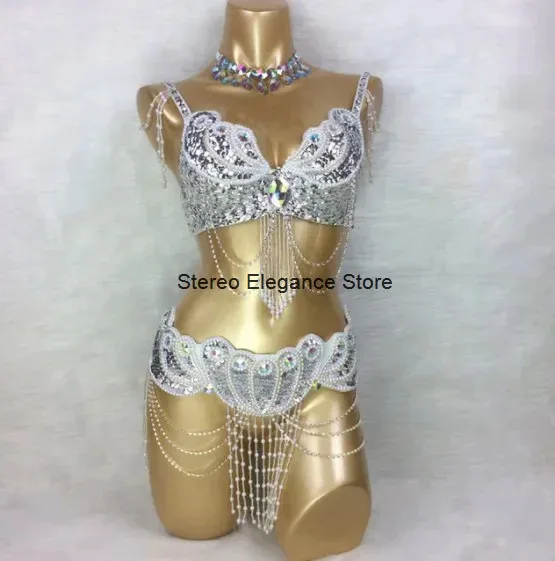 High Quality Women's Beaded Crystal Belly Dance Costume Wear Bar+Belt +Necklace 3pcs Set Sexy Bellydancing Costumes