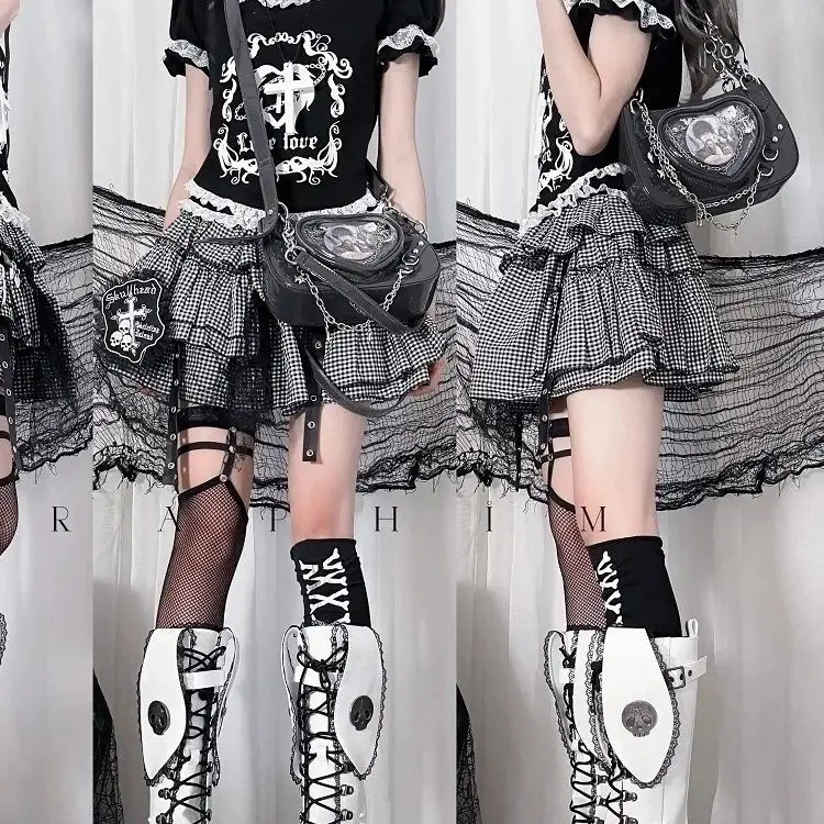 Korean 2000s Girls Kawaii Punk A-line Mini Skirt Harajuku Vintage 90s Black White Rock Cake Skirts Y2K Lace Ball Gowns Skater