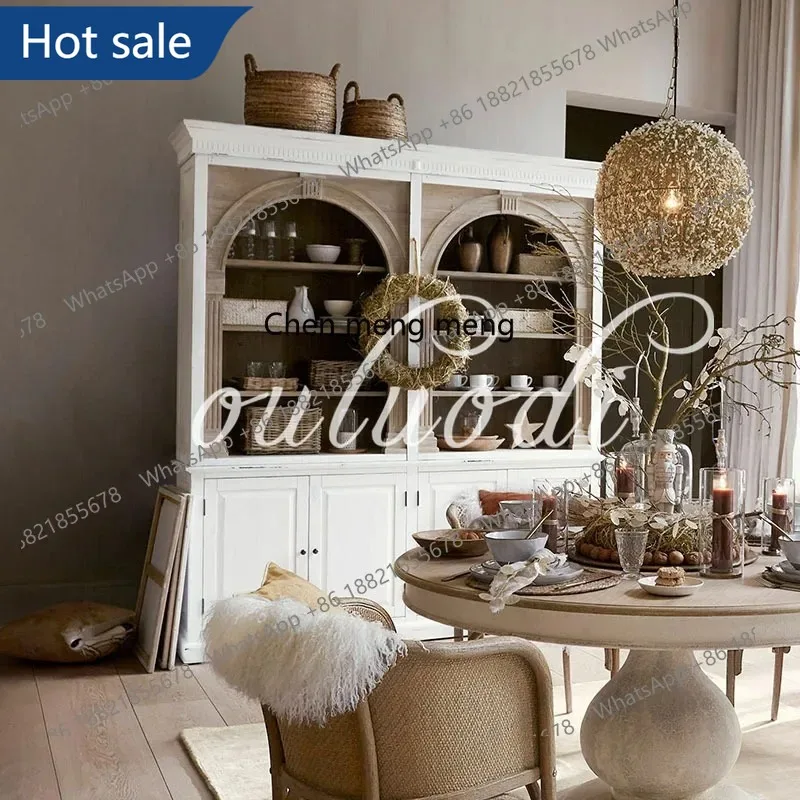 03 American retro style solid wood bookcase study shelf French living room bookcase storage floor collection cabinet