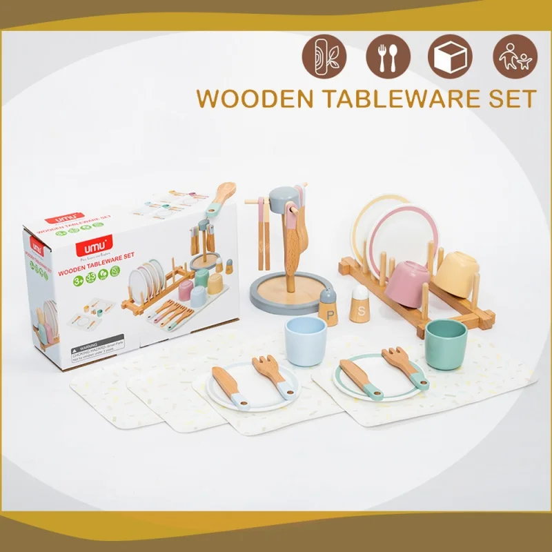 Brinquedo de Utensílios de Cozinha de Comida de Brincadeira para Bebês, Conjunto de Brinquedos Multifuncional de Reconhecimento de Formas em Madeira