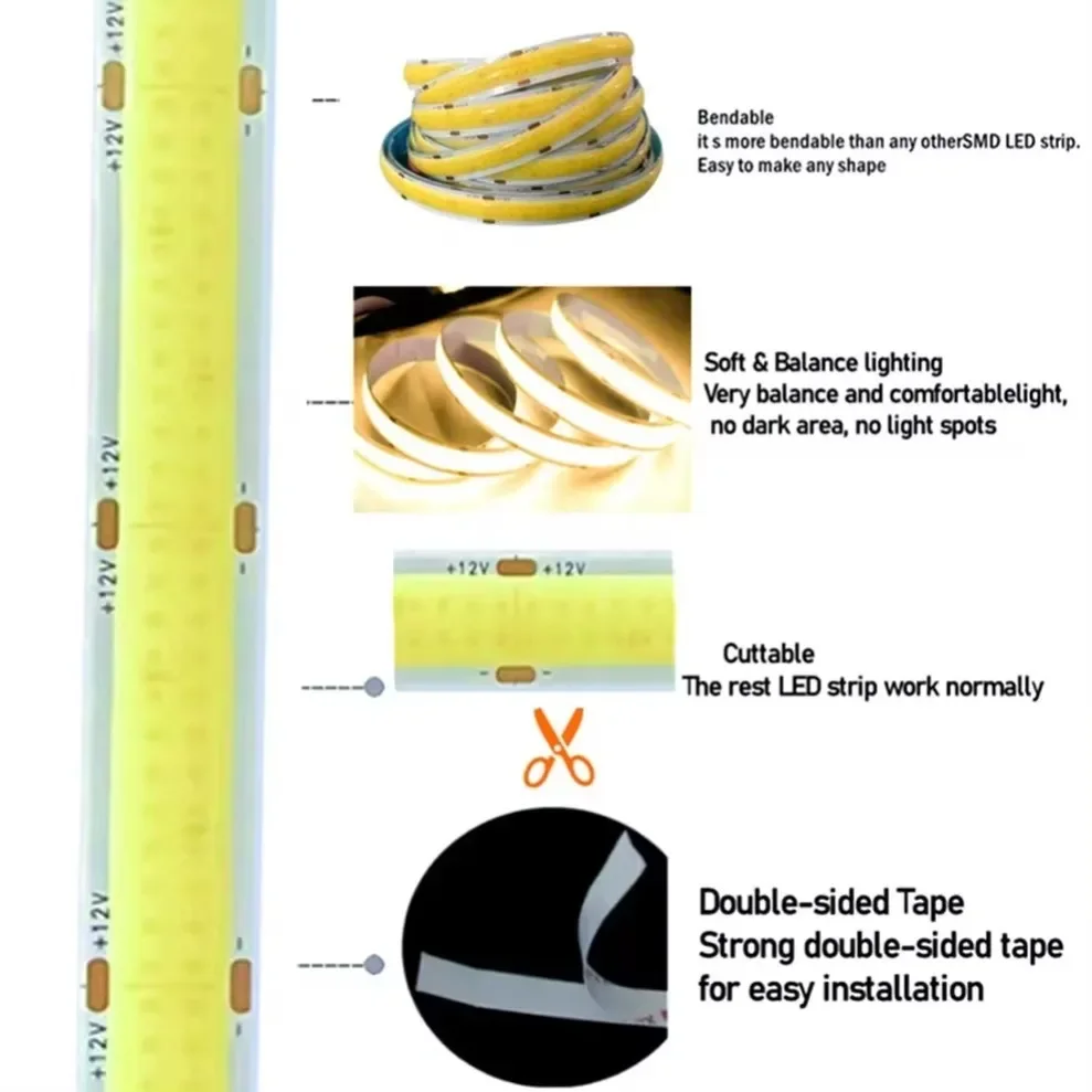 COB LED Lights Strip High Brightness Flexible FOB LED Tape Double Row 624LEDs/M DC12V/24V RA90 3000K 4000K 6000K Dimmable Strip