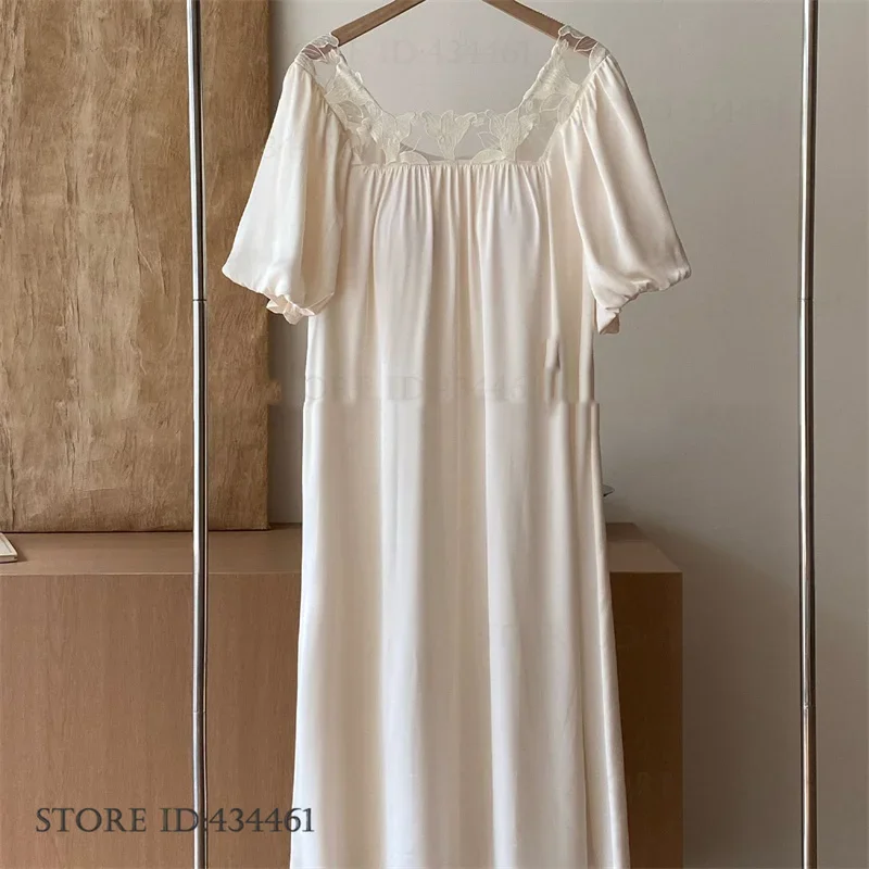 

Elegant Womens Long Sleepdress Loungewear Retro Palace Style Princess Nightgown Sleepwear Loose Silk Satin Nightdress Homewear