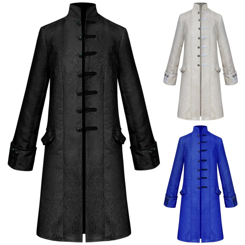 

Steampunk Retro Men's Trench Coat, Solid Color Stand Collar Uniform Halloween Cosplay Costume, Classic Fancy Role Play Outerwear