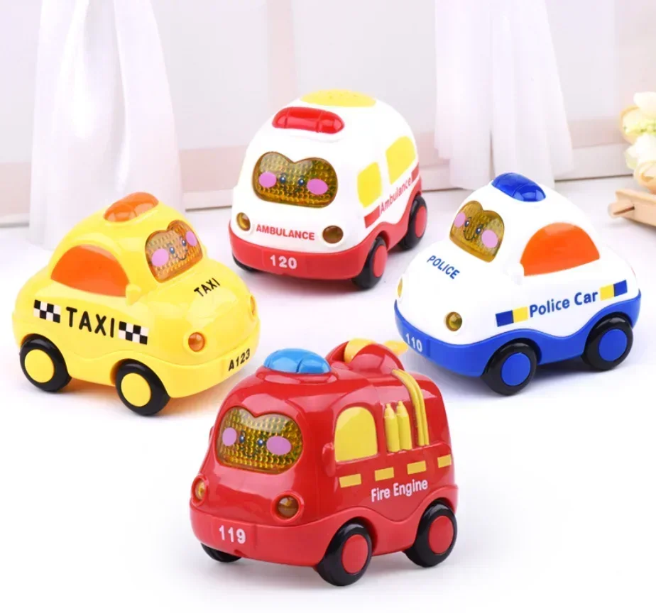 Mini jouet de voiture de dessin animé pour enfants, véhicules modèles à nervures en plastique, camion de pompier et taxi dos, cadeau pour enfants, garçons et filles