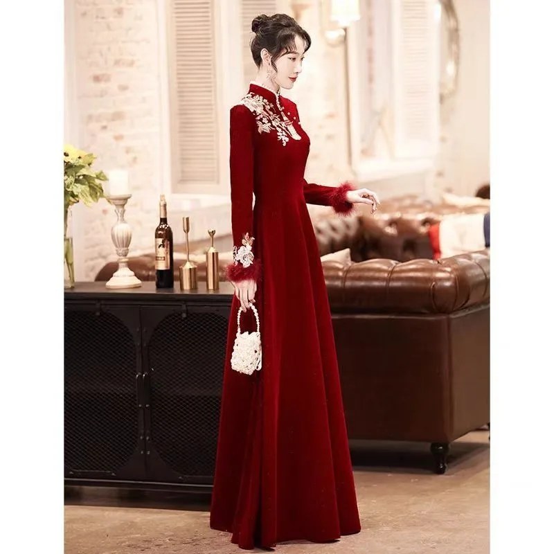 

Cheongsam Autumn and Winter Red Light Luxury High-end Style Engagement Wedding Casual Wear Shawl Small Evening Dress for Women