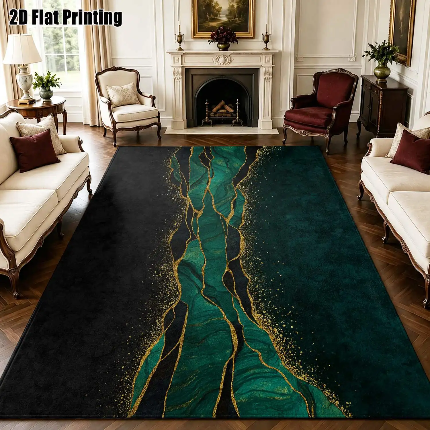 1Pc 2D Printed Carpet: Deep Green & Gold Abstract Art Pattern, Modern Simple European/Instagram Style Floor Mat, Home Decor, Multi-Size, Machine Washable, for Entrance, Living Room, Bedroom, Dining Room, Foyer
