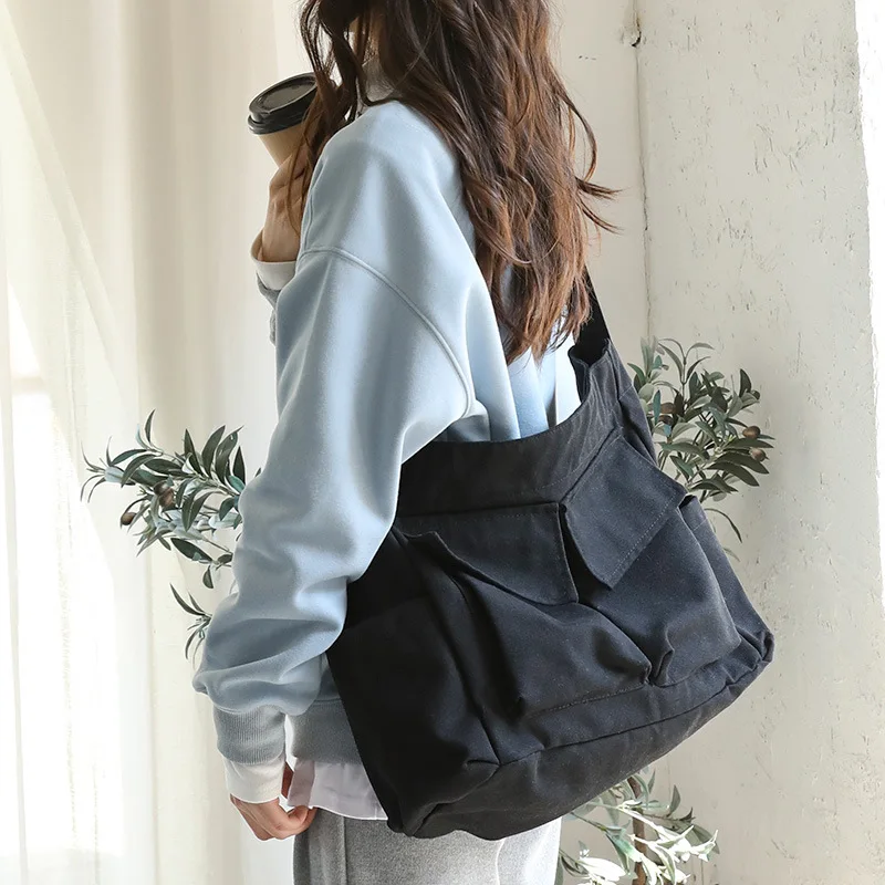 Japanese High-capacity Simple Shoulder Messenger Bags Casual Vintage Pocket Canvas Bag Grunge Y2k Women Solid Handbags Crossbody