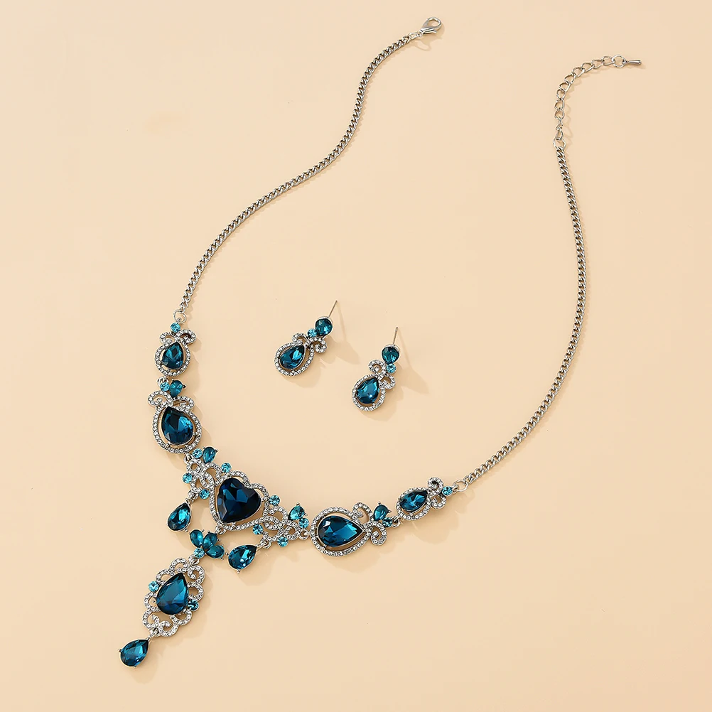 

1 set Blue Necklace Earrings Set Alloy Rhinestone Luxury Party Jewelry Clavicle Matching Ear Dangler For Anniversary Valentine