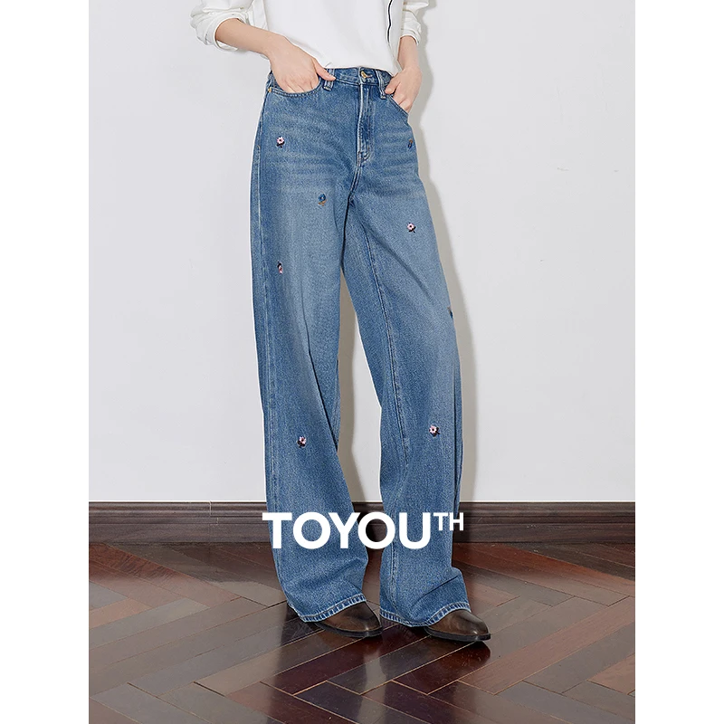 TOYOUTH Women Denim Jeans 2024 Autumn New Flower Embroidered High Waist Wide Leg Long Pants