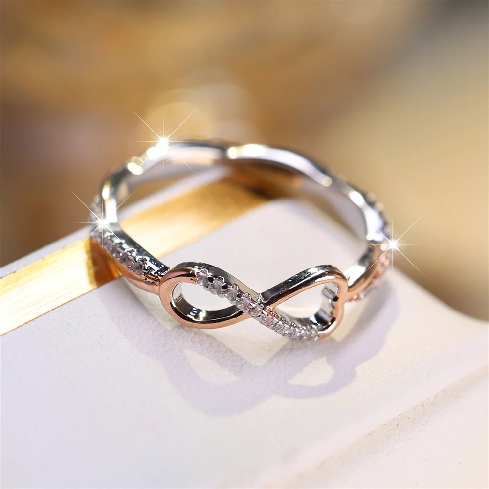 Simple Trendy 8 Shape Infinity Ring White Zircon Engagement Rings For Women Rose Gold Silver Color Wedding Band Two Tone Jewelry