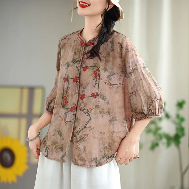 Chinese Style Women Summer Casual Shirt New Arrival 2024 Vintage Style Floral Print Loose Female Half Sleeve Tops Shirts W3899