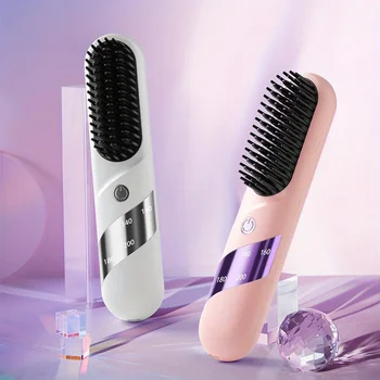 Image Portable Wireless Hair Straightener Comb Cordless Mini Hair Straightener Brush Dryer and Straightening Brush Straightener Tools