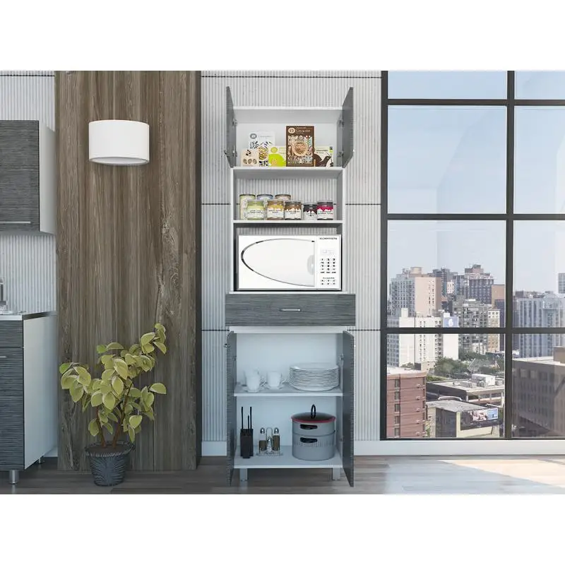 2-Shelf Microwave Pantry Cabinet with Drawer - Smokey Oak and White Finish