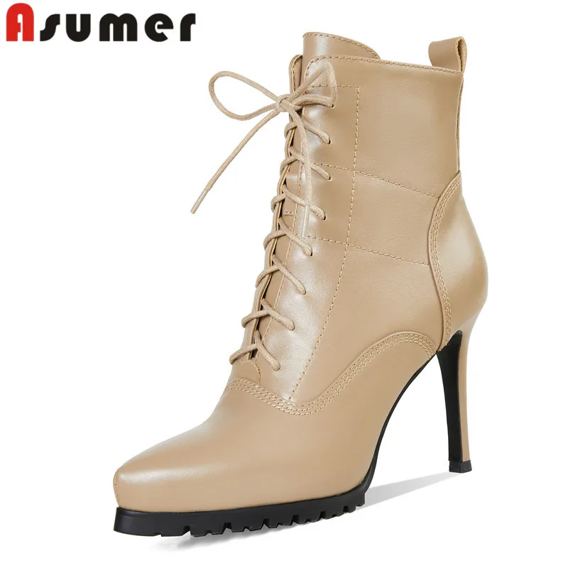 

ASUMER 2024 New Genuine Leather Winter Boots Woman Thin High Heels Dress Shoes Ladies Cross Tied Platform Ankle Boots