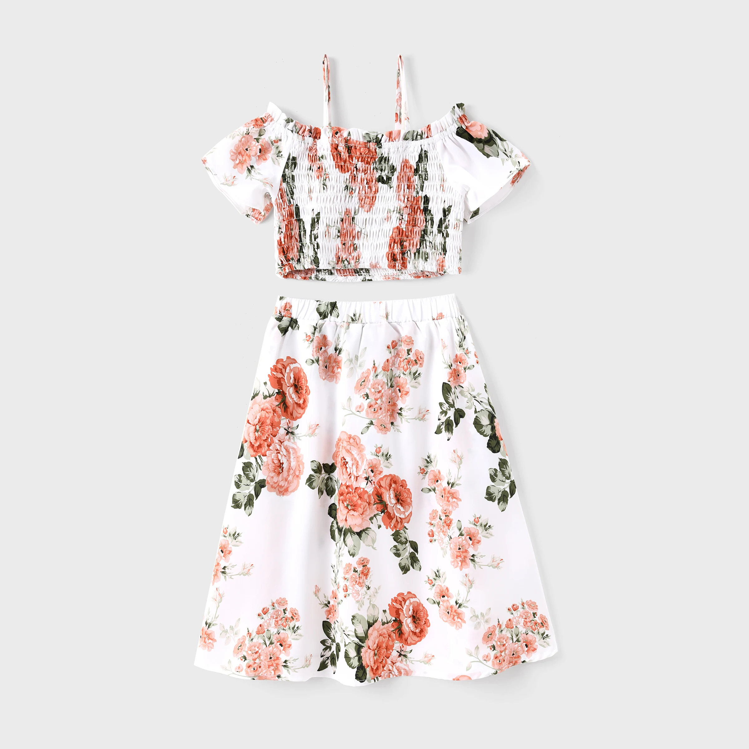 طقم بات بات فاميلي باك مطبوع عليه زهور مكشكش مكشوف الكتفين وسروال قصير أو تنورة للفتيات والأمهات #2