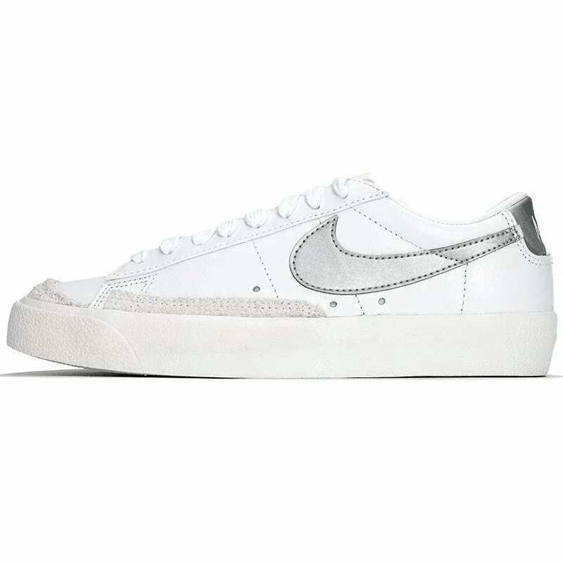 Nike Blazer '77 Men's and Women's Skateboarding Shoes Leather Anti-slip Wear Lightweight Low-top Skateboarding Shoes Silver