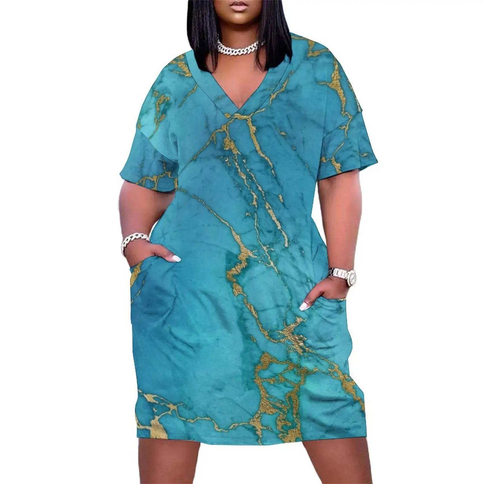 

Blue Gilded Marble Loose Pocket Dress summer dress Beachwear birthday dress for women luxury 2024