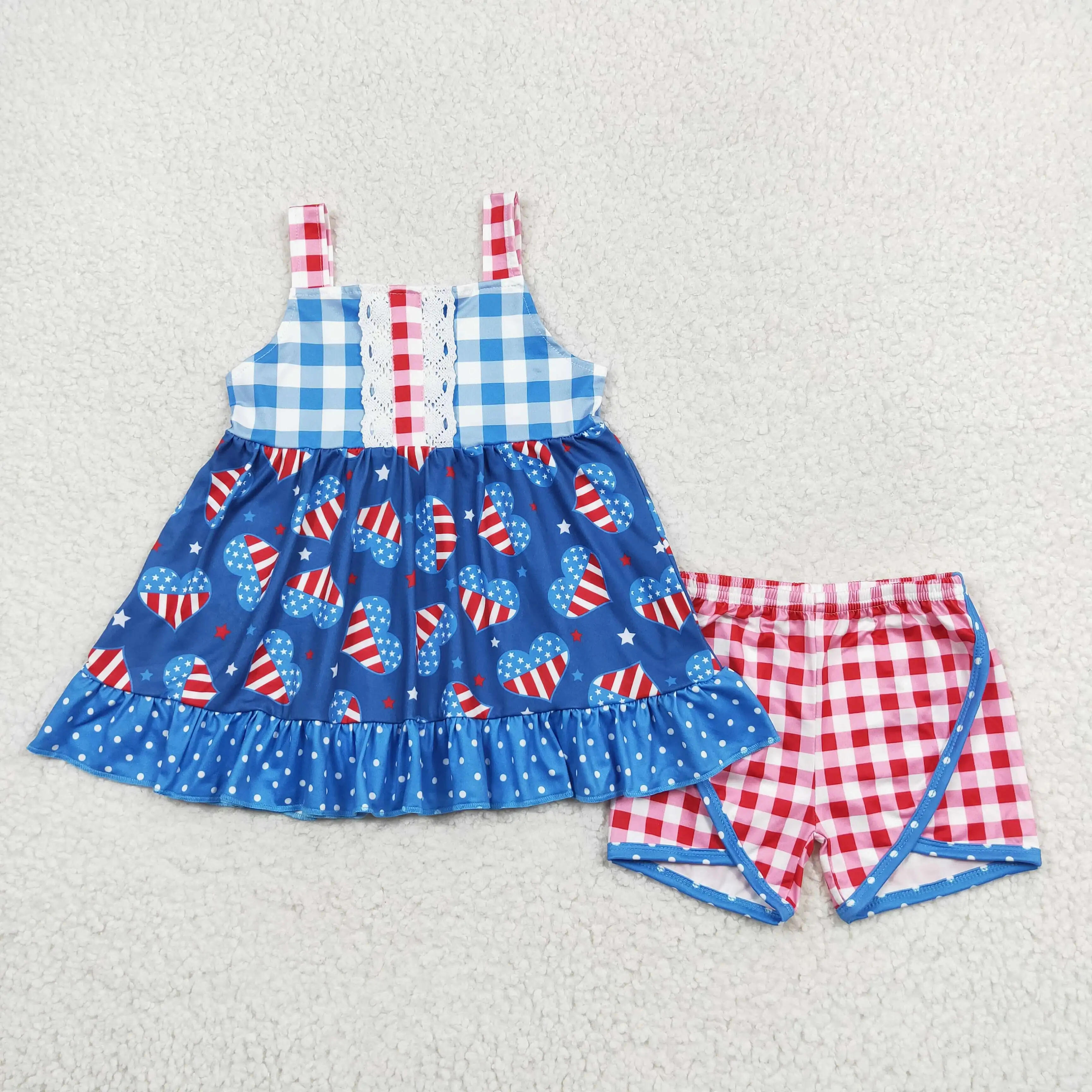 

z95-07 GSSO1294 Wholesale Summer New Arrival girls National Day Lace Plaid Sleeveless Shorts Sets Boutique baby girls clothes