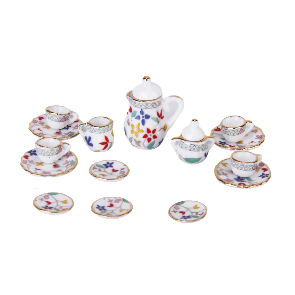 15 Flower Ceramic Porcelain Dolls House Miniature Tea Service Set