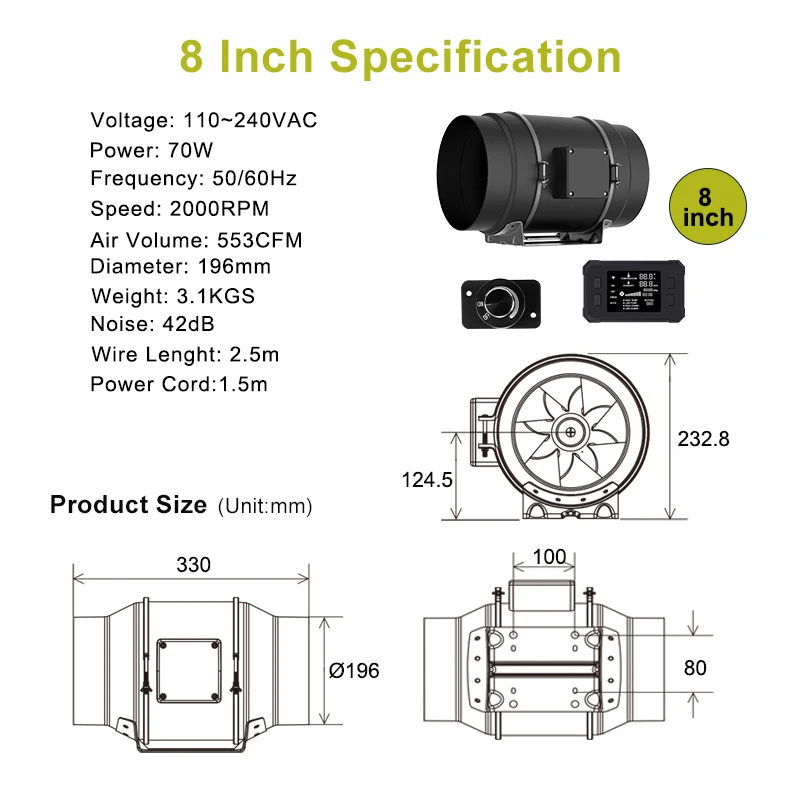 Inline Exhaust Fan 8 Inch EC Motor Smoke Extractor With Speed Controller 553 CFM Strong Airflow 200mm Duct Ventilation Fan
