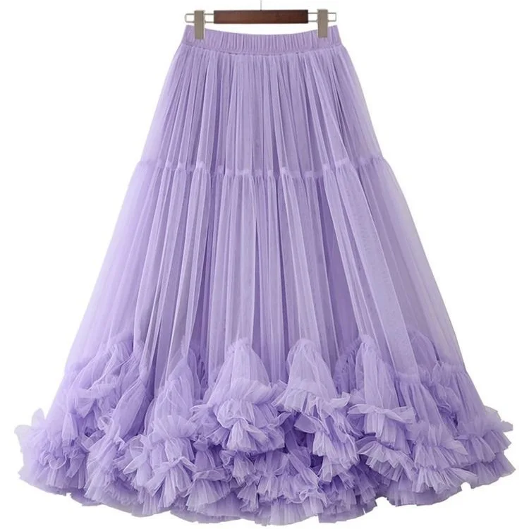 

2025 New Extra Large Fashion Mesh Sweet Ruffle A Line Puffy Skirt for WomenWaist Slimming Midi Lightweight Trendy Ladies Wear